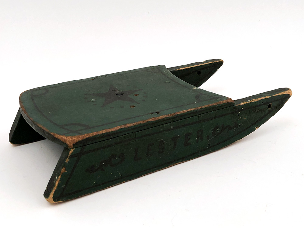 Antique American Handmade Folk Art Doll Sled in Original Green and Black Paint For Sale