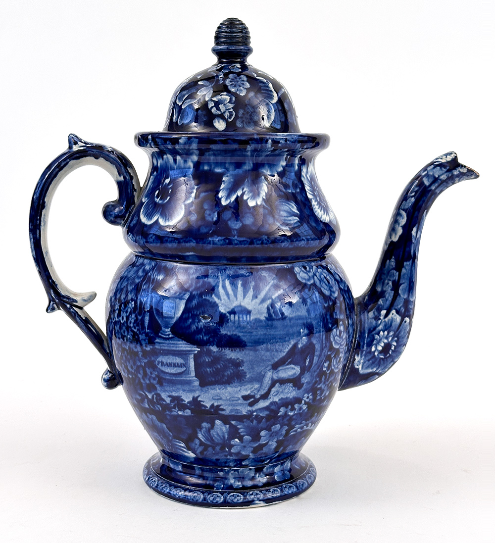 dark blue historical staffordshire general lafayette coffee pot