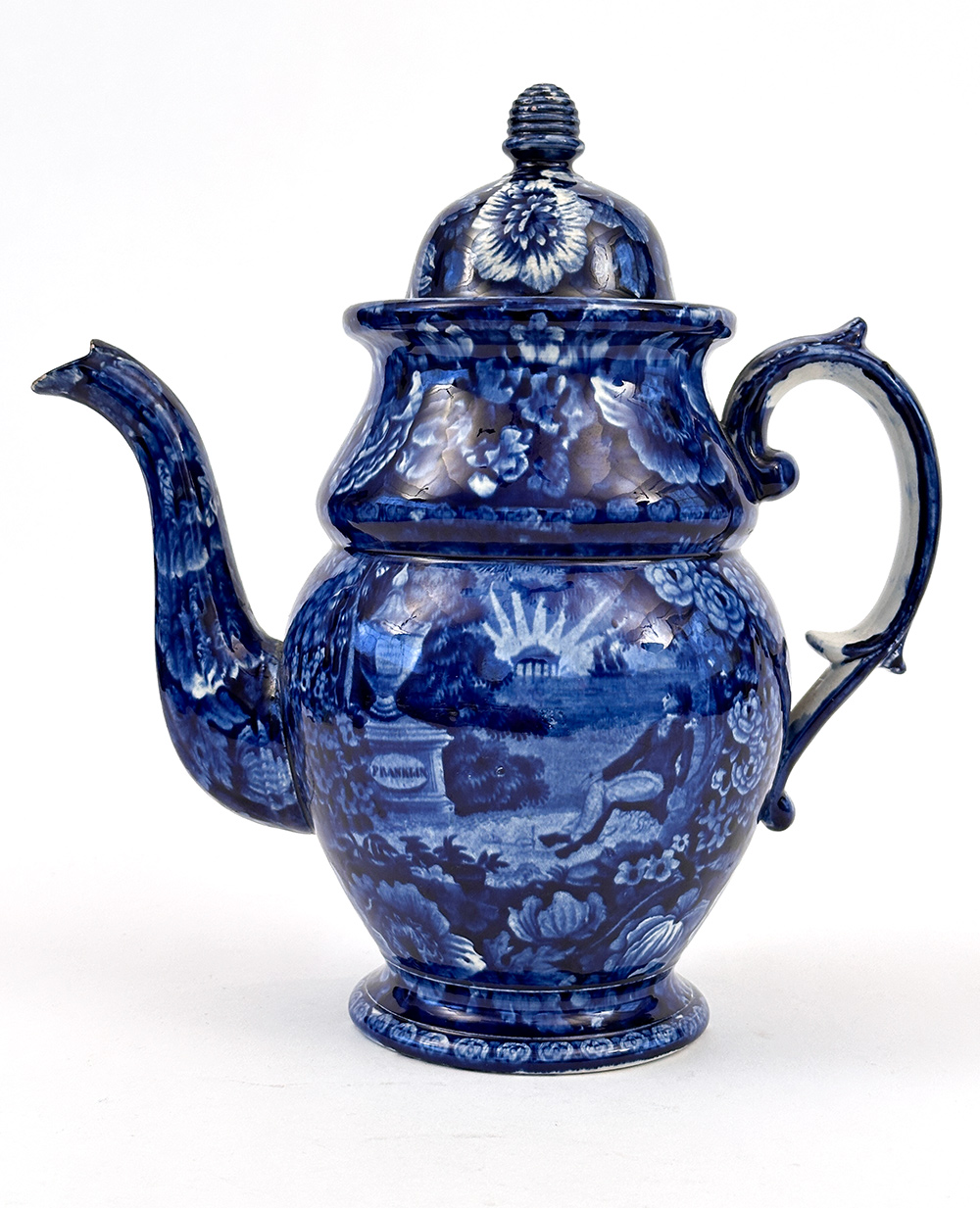 dark blue historical staffordshire general lafayette coffee pot