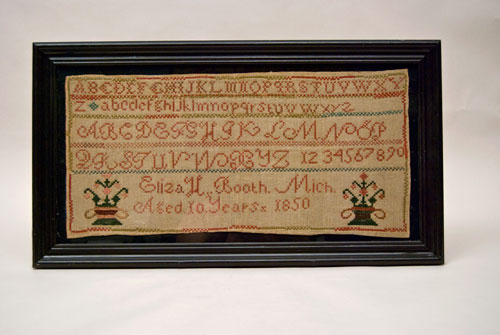 Antique American 1850 Michigan Schoolgirl Folk Art Sampler For Sale Antique American Needlework Rare Michigan Schoolgirl Sampler Signed and Dated For Sale