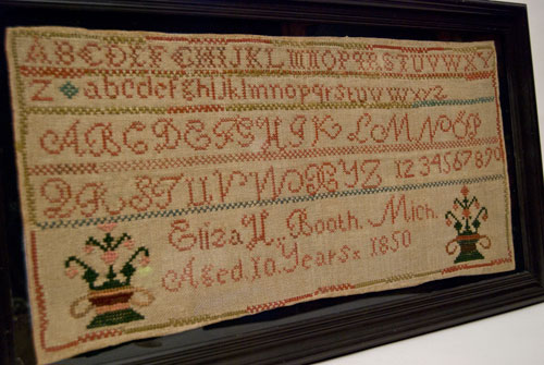 Antique American 1850 Michigan Schoolgirl Folk Art Sampler For Sale Antique American 1850 Michigan Schoolgirl Folk Art Sampler For Sale