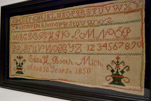 Antique American 1850 Michigan Schoolgirl Folk Art Sampler For Sale Antique American 1850 Michigan Schoolgirl Folk Art Sampler For Sale