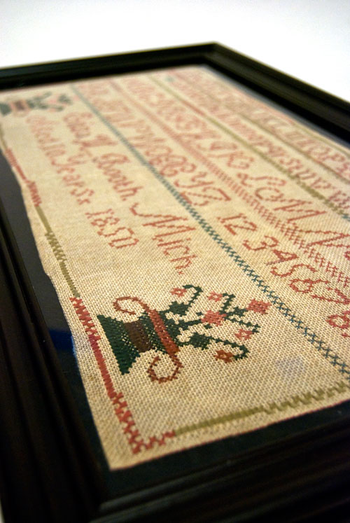 Antique American 1850 Michigan Schoolgirl Folk Art Sampler For Sale Antique American 1850 Michigan Schoolgirl Folk Art Sampler For Sale