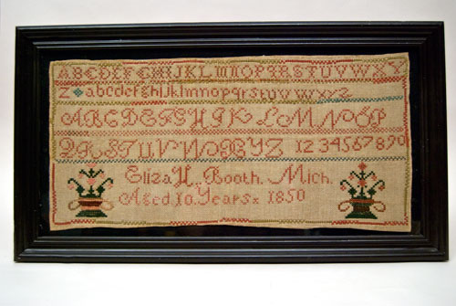 Antique American 1850 Michigan Schoolgirl Folk Art Sampler For Sale Antique American 1850 Michigan Schoolgirl Folk Art Sampler For Sale