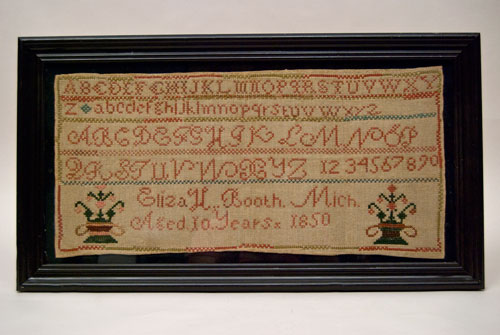 Antique American 1850 Michigan Schoolgirl Folk Art Sampler For Sale Antique American 1850 Michigan Schoolgirl Folk Art Sampler For Sale