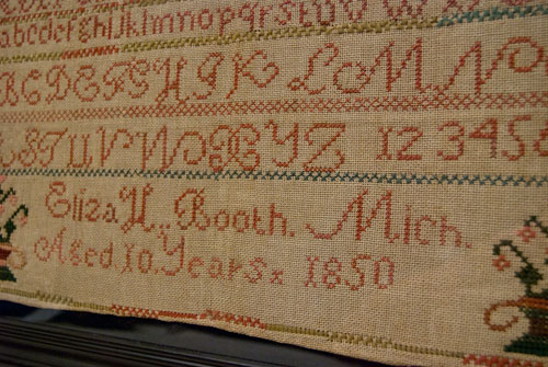 Antique American 1850 Michigan Schoolgirl Folk Art Sampler For Sale Antique American 1850 Michigan Schoolgirl Folk Art Sampler For Sale