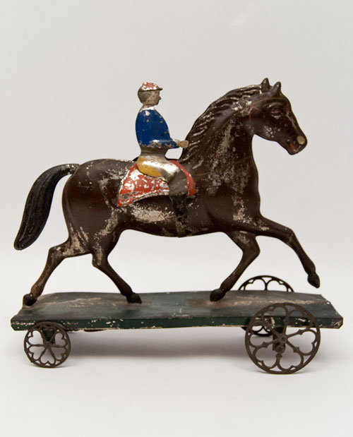 Early American Tin Horse and Rider Bell Toy Antique Pull Toy Althoff Bergmann For Sale Early American Tin Horse and Rider Bell Toy Antique Pull Toy Althoff Bergmann For Sale