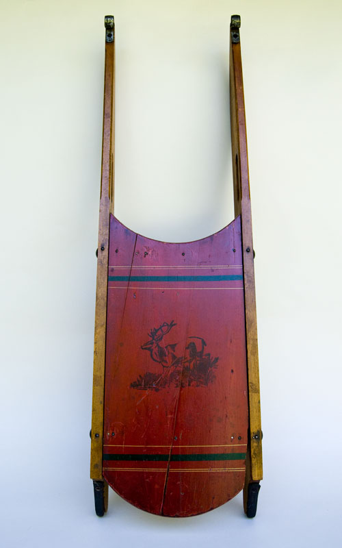 Early American Paint Decorated Sled: Red Painted, Polychromatic, Black Stencil, 19th Century Antique For Sale Early American Paint Decorated Sled: Red Painted, Polychromatic, Black Stencil, 19th Century Antique For Sale