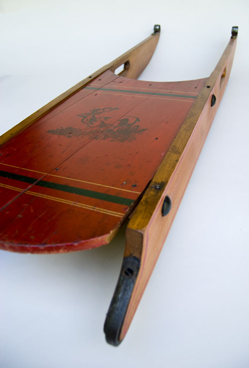 Early American Paint Decorated Sled: Red Painted, Polychromatic, Black Stencil, 19th Century Antique For Sale Early American Paint Decorated Sled: Red Painted, Polychromatic, Black Stencil, 19th Century Antique For Sale