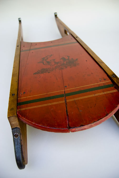 Early American Paint Decorated Sled: Red Painted, Polychromatic, Black Stencil, 19th Century Antique For Sale Early American Paint Decorated Sled: Red Painted, Polychromatic, Black Stencil, 19th Century Antique For Sale