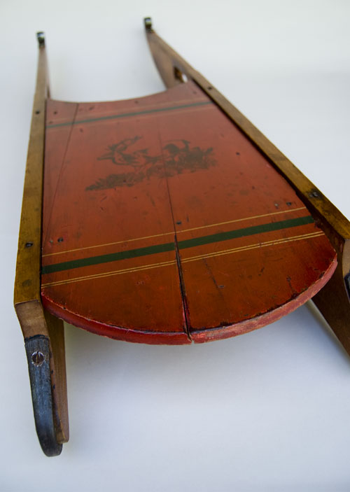 Early American Paint Decorated Sled: Red Painted, Polychromatic, Black Stencil, 19th Century Antique For Sale Early American Paint Decorated Sled: Red Painted, Polychromatic, Black Stencil, 19th Century Antique For Sale