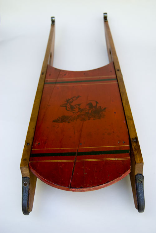 Early American Paint Decorated Sled: Red Painted, Polychromatic, Black Stencil, 19th Century Antique For Sale Early American Paint Decorated Sled: Red Painted, Polychromatic, Black Stencil, 19th Century Antique For Sale