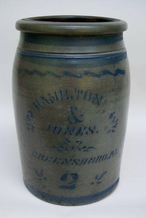 Hamilton and Jones Cobalt Decorated Early American Antique Stoneware For Sale: Salt Glazed Blue Stencil and Freehand Crock Greensboro Pennsylvania Hamilton and Jones Cobalt Decorated Early American Antique Stoneware For Sale: Salt Glazed Blue Stencil and Freehand Crock Greensboro Pennsylvania