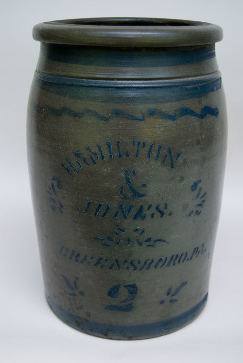 Hamilton and Jones Cobalt Decorated Early American Antique Stoneware For Sale: Salt Glazed Blue Stencil and Freehand Crock Greensboro Pennsylvania Hamilton and Jones Cobalt Decorated Early American Antique Stoneware For Sale: Salt Glazed Blue Stencil and Freehand Crock Greensboro Pennsylvania