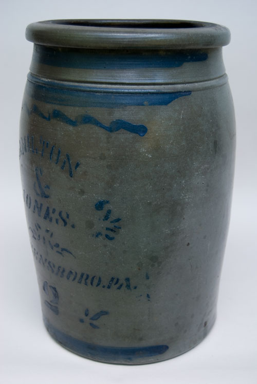 Hamilton and Jones Cobalt Decorated Early American Antique Stoneware For Sale: Salt Glazed Blue Stencil and Freehand Crock Greensboro Pennsylvania Hamilton and Jones Cobalt Decorated Early American Antique Stoneware For Sale: Salt Glazed Blue Stencil and Freehand Crock Greensboro Pennsylvania