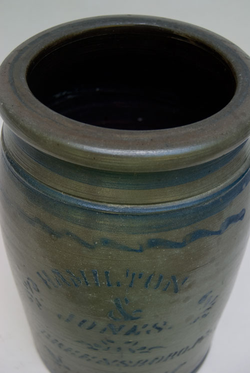 Hamilton and Jones Cobalt Decorated Early American Antique Stoneware For Sale: Salt Glazed Blue Stencil and Freehand Crock Greensboro Pennsylvania Hamilton and Jones Cobalt Decorated Early American Antique Stoneware For Sale: Salt Glazed Blue Stencil and Freehand Crock Greensboro Pennsylvania