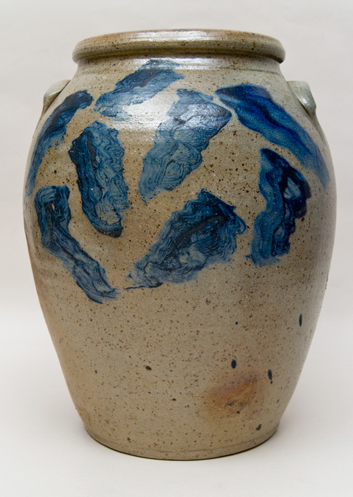 Large Antique American Stoneware Cyclone Decorated Cobalt Freehand Folk Art Storage Jar For Sale Large Antique American Stoneware Cyclone Decorated Cobalt Freehand Folk Art Storage Jar For Sale