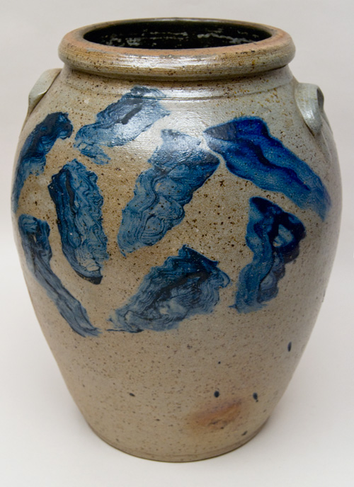 Large Antique American Stoneware Cyclone Decorated Cobalt Freehand Folk Art Storage Jar For Sale Large Antique American Stoneware Cyclone Decorated Cobalt Freehand Folk Art Storage Jar For Sale