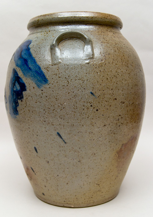 Large Antique American Stoneware Cyclone Decorated Cobalt Freehand Folk Art Storage Jar For Sale Large Antique American Stoneware Cyclone Decorated Cobalt Freehand Folk Art Storage Jar For Sale