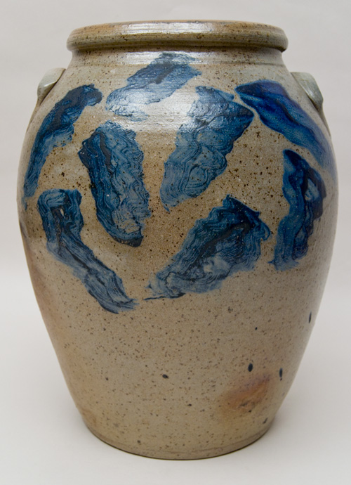 Large Antique American Stoneware Cyclone Decorated Cobalt Freehand Folk Art Storage Jar For Sale Large Antique American Stoneware Cyclone Decorated Cobalt Freehand Folk Art Storage Jar For Sale