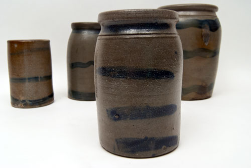 Four Strip Cobalt Blue Decorated Pennsylvania Antique American Salt Glazed Storage Crock Jar for Sale Four Strip Cobalt Blue Decorated Pennsylvania Antique American Salt Glazed Storage Crock Jar for Sale