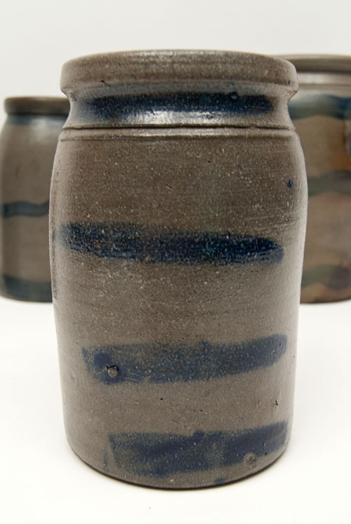 Four Strip Cobalt Blue Decorated Pennsylvania Antique American Salt Glazed Storage Crock Jar for Sale Four Strip Cobalt Blue Decorated Pennsylvania Antique American Salt Glazed Storage Crock Jar for Sale