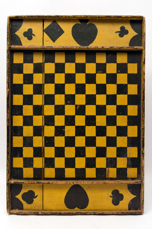 Double Sided Antique Folk Art Game Board in Black and Mustard Original Paint, New England 19th Century Double Sided Antique Folk Art Game Board in Black and Mustard Original Paint, New England 19th Century