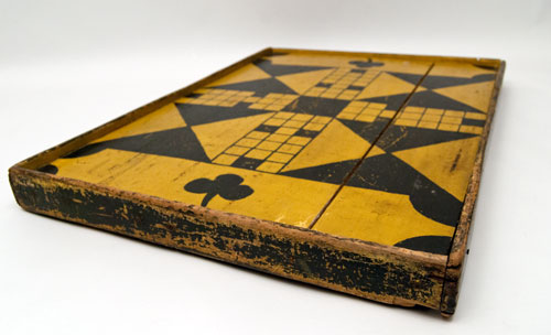 Double Sided Antique Folk Art Game Board in Black and Mustard Original Paint, New England 19th Century Double Sided Antique Folk Art Game Board in Black and Mustard Original Paint, New England 19th Century