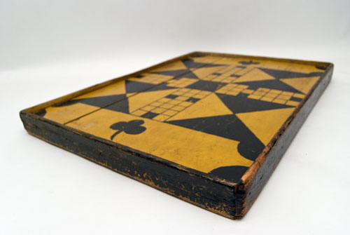 Double Sided Antique Folk Art Game Board in Black and Mustard Original Paint, New England 19th Century Double Sided Antique Folk Art Game Board in Black and Mustard Original Paint, New England 19th Century