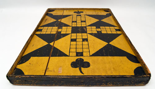 Double Sided Antique Folk Art Game Board in Black and Mustard Original Paint, New England 19th Century Double Sided Antique Folk Art Game Board in Black and Mustard Original Paint, New England 19th Century