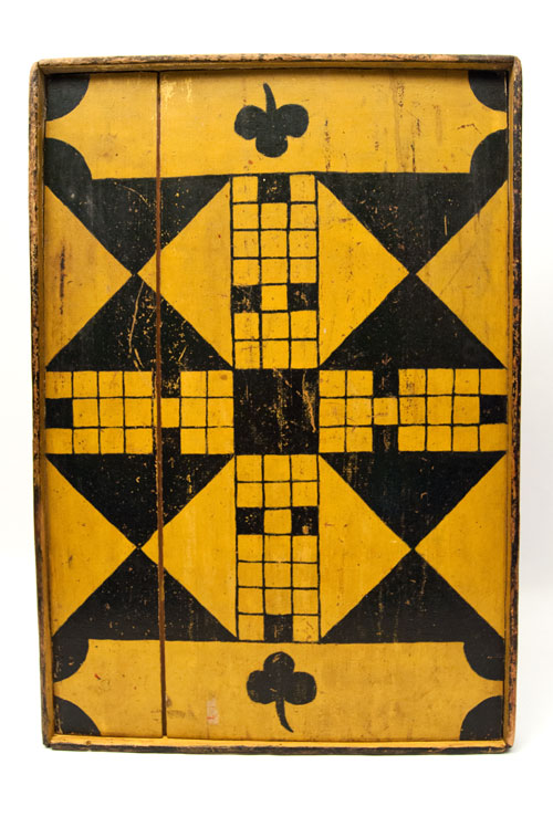 Double Sided Antique Folk Art Game Board in Black and Mustard Original Paint, New England 19th Century Double Sided Antique Folk Art Game Board in Black and Mustard Original Paint, New England 19th Century
