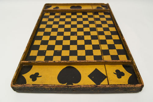 Double Sided Antique Folk Art Game Board in Black and Mustard Original Paint, New England 19th Century Double Sided Antique Folk Art Game Board in Black and Mustard Original Paint, New England 19th Century