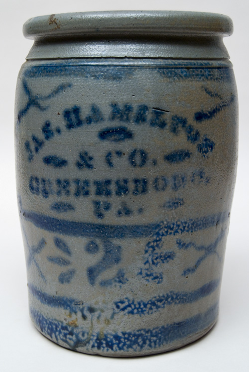 Hamilton and Jones Cobalt Decorated Early American Antique Stoneware For Sale: Salt Glazed Blue Stencil and Freehand Crock Greensboro Pennsylvania Hamilton and Jones Cobalt Decorated Early American Antique Stoneware For Sale: Salt Glazed Blue Stencil and Freehand Crock Greensboro Pennsylvania