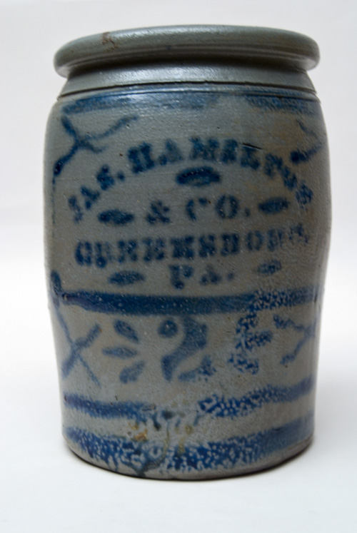 Hamilton and Jones Cobalt Decorated Early American Antique Stoneware For Sale: Salt Glazed Blue Stencil and Freehand Crock Greensboro Pennsylvania Hamilton and Jones Cobalt Decorated Early American Antique Stoneware For Sale: Salt Glazed Blue Stencil and Freehand Crock Greensboro Pennsylvania