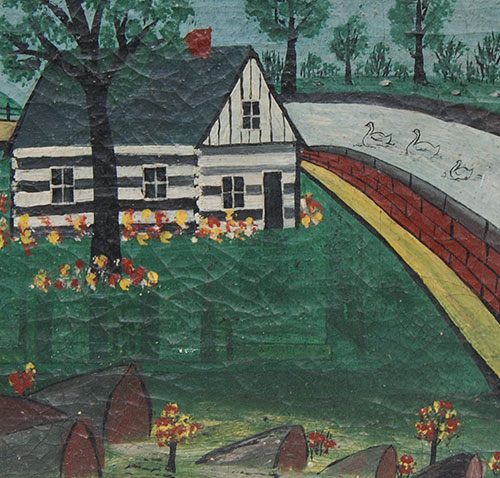 19th Century folk art painting, oil on canvas, primitive log cabin and swans, pennsylvania origins, vivid colors 19th Century folk art painting, oil on canvas, primitive log cabin and swans, pennsylvania origins, vivid colors