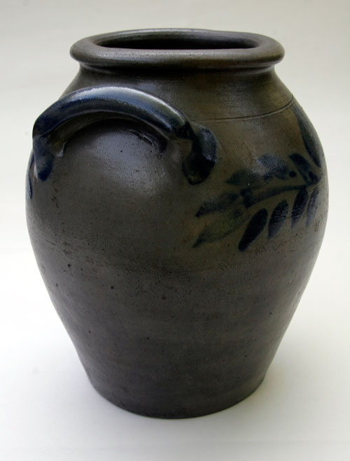 Antique American Advertising Tin Litho Pedro Smoking Tobacco Tin Cobalt Blue Decorated One Gallon Ovoid Stoneware Storage Jar