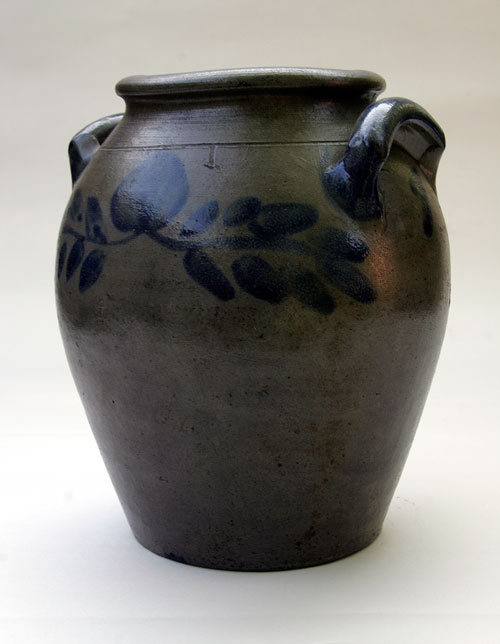 Antique American Advertising Tin Litho Pedro Smoking Tobacco Tin Cobalt Blue Decorated One Gallon Ovoid Stoneware Storage Jar