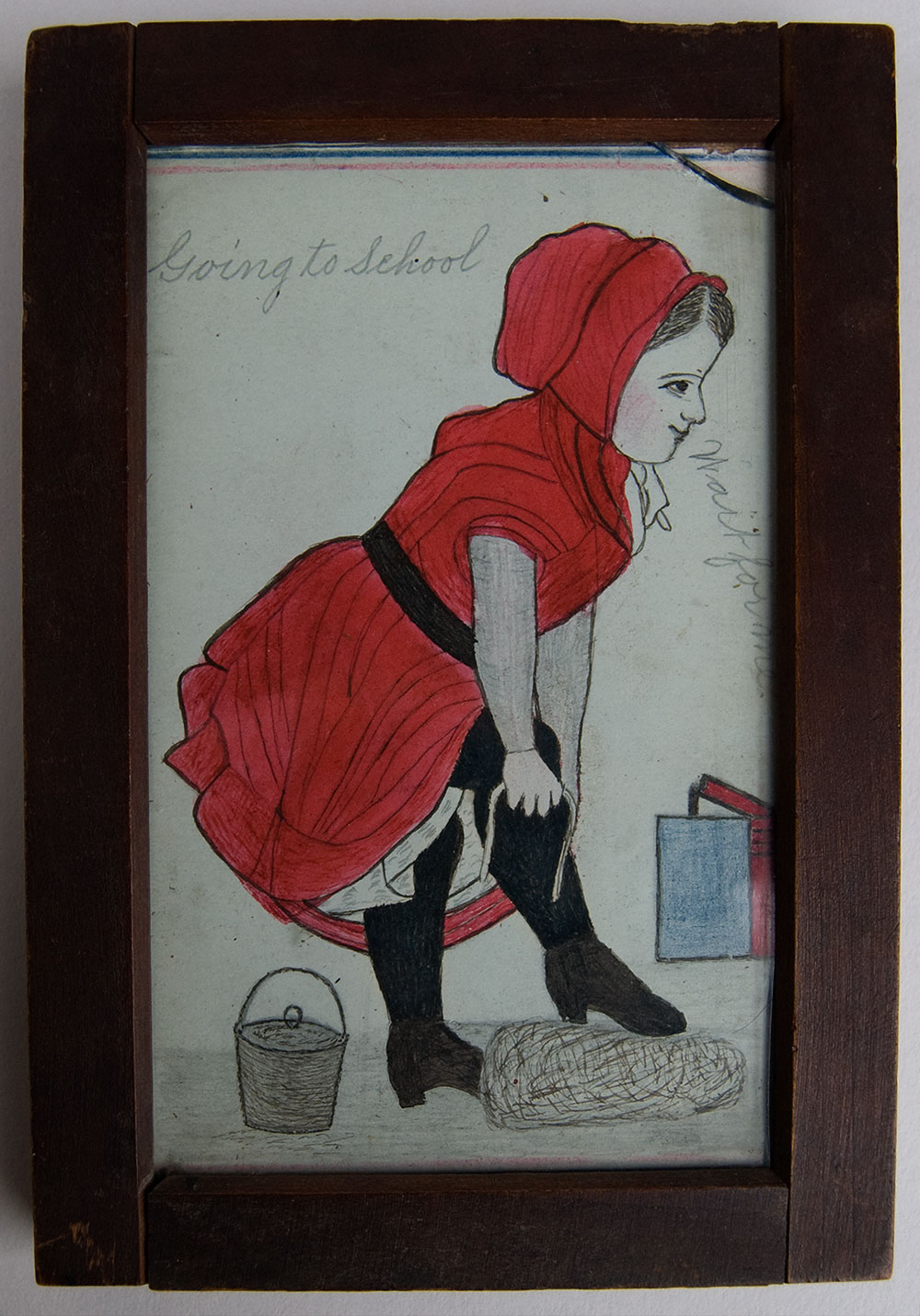 Folk Art Drawing Schoolgirl Going to School Antique Pen and Ink Folk Art Drawing Schoolgirl Going to School Antique Pen and Ink