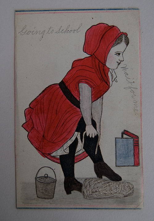 Folk Art Drawing Schoolgirl Going to School Antique Pen and Ink Folk Art Drawing Schoolgirl Going to School Antique Pen and Ink