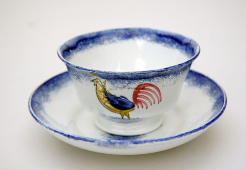 Rooster Spatterware Handless Cup & Saucer circa 1820-1850