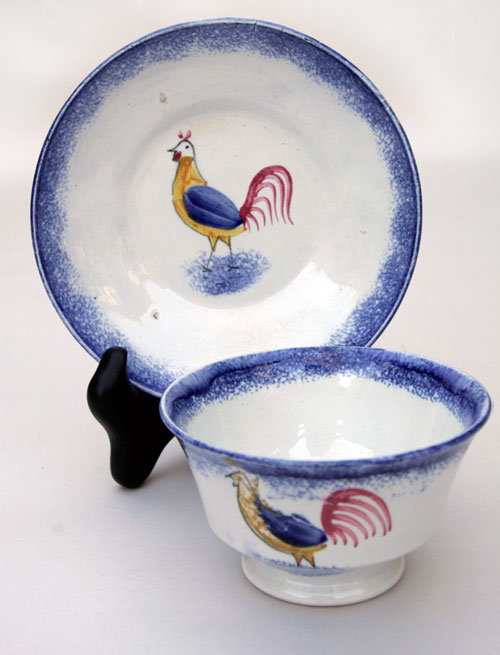 Rooster Spatterware Handless Cup & Saucer circa 1820-1850