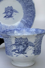18th Century Spatterware Handleless Cobalt Cup and Saucer Set with Eagle Shield Decoration: Early Americana Patriotic Antiques