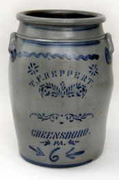 T. F. Reppert, greensboro, pa, 6 gallon salt glaze blue decorated stoneware crock T. F. Reppert, greensboro, pa, 6 gallon salt glaze blue decorated stoneware crock