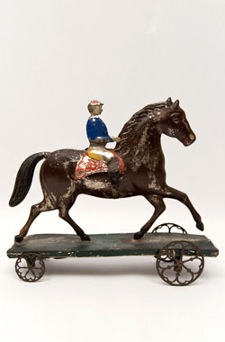 Early American Tin Horse and Rider Bell Toy Antique Pull Toy Althoff Bergmann For Sale Early American Tin Horse and Rider Bell Toy Antique Pull Toy Althoff Bergmann For Sale