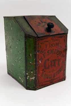 Antique American Advertising Drug Store Display Tin in Red Green Gold from W. F. Smiths City Antique American Advertising Drug Store Display Tin in Red Green Gold from W. F. Smiths City