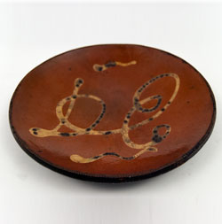 Redware Yellow Slip Decorated Plate with letters initials DE Antique Country Primitive Redware Yellow Slip Decorated Plate with letters initials DE Antique Country Primitive
