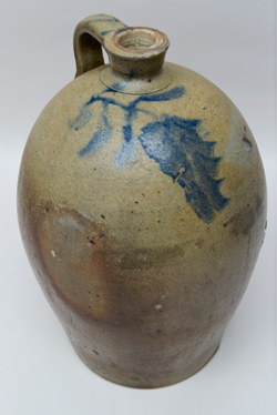 Large Antique Ovoid Stoneware Jug with Blue Freehand Decoration, Incluing Striped Handle, Large Wisteria Flower, Inscribed No. 5 Large Antique Ovoid Stoneware Jug with Blue Freehand Decoration, Incluing Striped Handle, Large Wisteria Flower, Inscribed No. 5