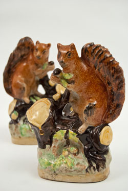 Historical Staffordshire: Pair Squirrels on Tree Stump Bases holding Acorns 19th Century Antique Staffordshire Pottery Historical Staffordshire: Pair Squirrels on Tree Stump Bases holding Acorns 19th Century Antique Staffordshire Pottery
