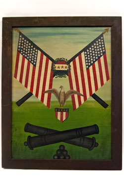 Patriotic GAR Oil on Canvas with Eagle, Flags, and Cannons: Antique American Folk Art Painting
Patriotic GAR Oil on Canvas with Eagle, Flags, and Cannons: Antique American Folk Art Painting