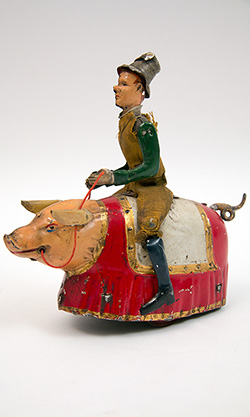 Early American Tin Horse and Rider Bell Toy Antique Pull Toy Althoff Bergmann For Sale Early American Tin Horse and Rider Bell Toy Antique Pull Toy Althoff Bergmann For Sale